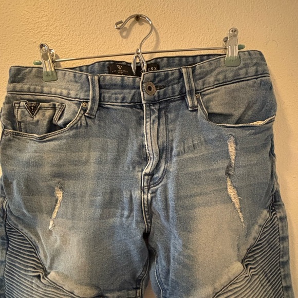 Guess Blue Distressed Jean Shorts with Moto Style - Picture 3 of 7